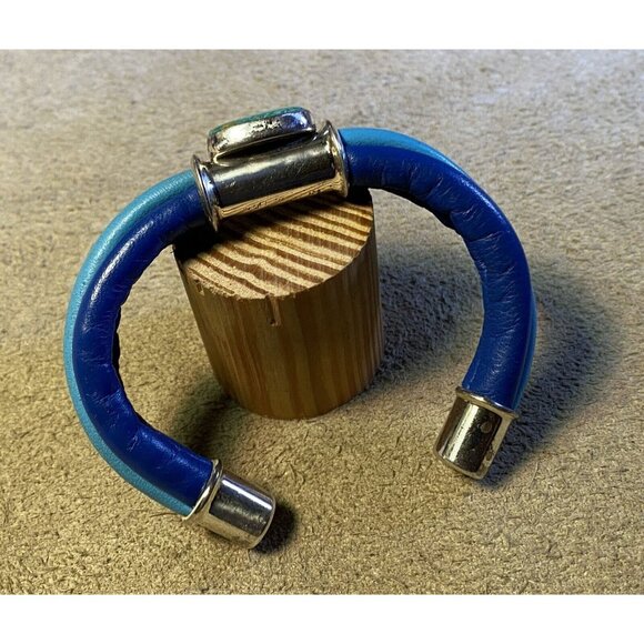 Two-Tone Blue Leather Wrap Bracelet Silverplated Fittings & Turquoise Cabochon S - Picture 3 of 10